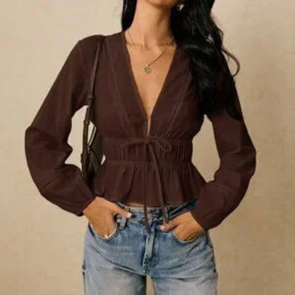 ZARA Coffee Brown Casual Women's V-Neck Lantern Sleeve Knot Front Cropped Top